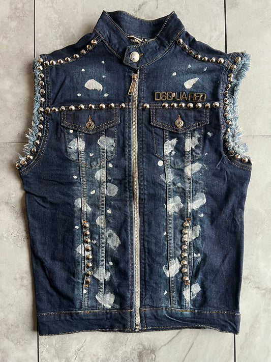 Dsquared Studded Paint Splatter Denim Zip-Up Vest
