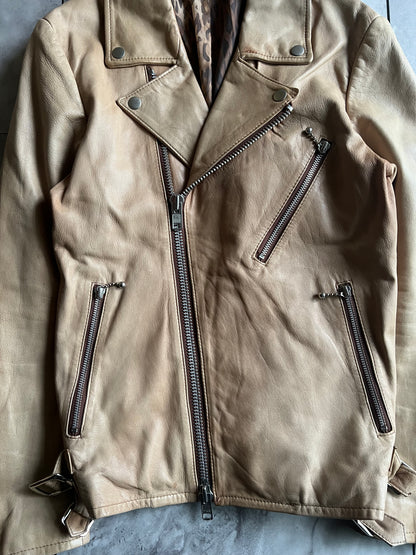 Varosh Leopard Lined Beige Leather Rider Jacket
