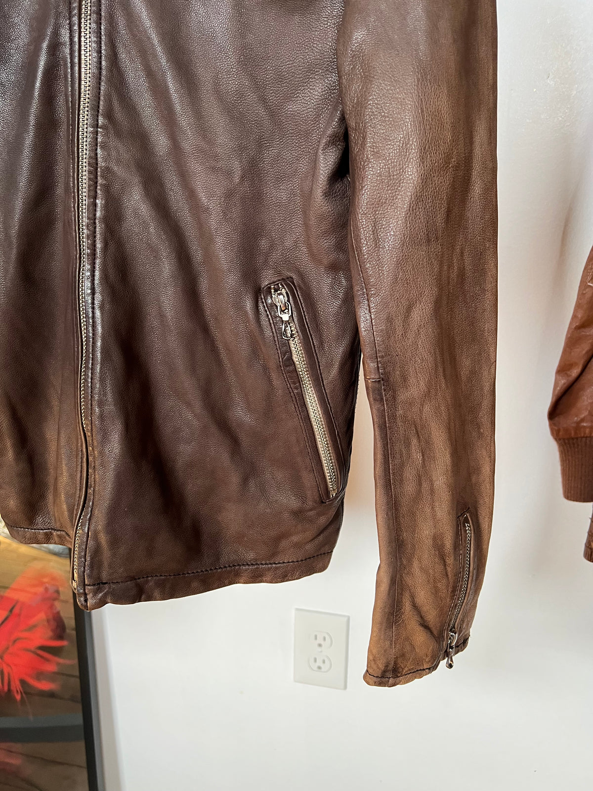 Nano Universe Sheepskin Leather Camo Cotton Lined Zipper Jacket
