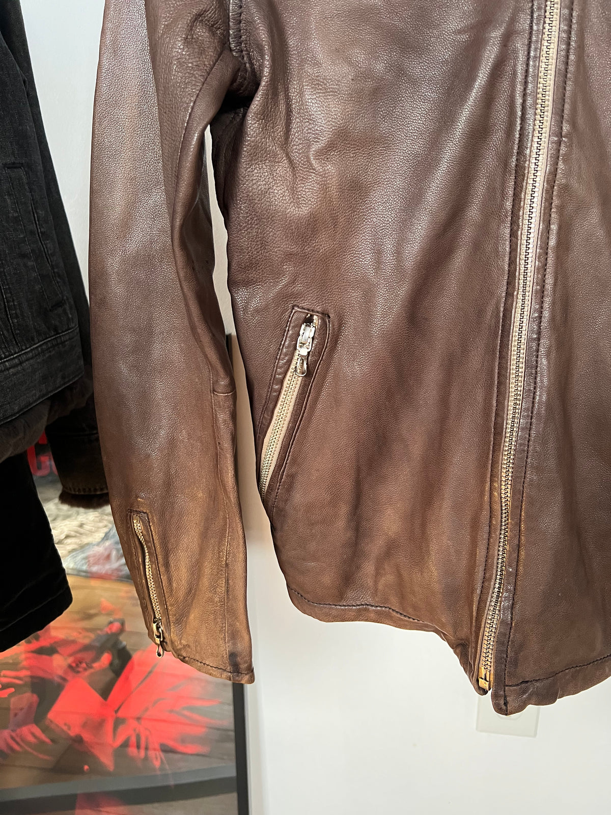 Nano Universe Sheepskin Leather Camo Cotton Lined Zipper Jacket